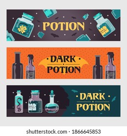 Dark potion banners set. Magic bottles with witchcraft drinks or poisons vector illustrations with text. Witchery and Halloween concept for flyers and brochures design
