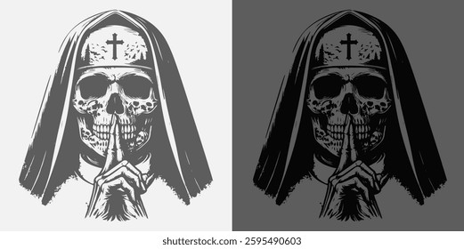 Dark and powerful Skull Art of a praying nun, radiating an intense mystical aura. A haunting blend of faith and fear, symbolizing supernatural strength and eerie magic.