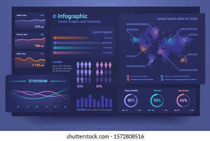 Dark premium modern design of dashboard infographic elements. Big data visualization. Example of pie, bar graphs, social indicators, data on a world map.