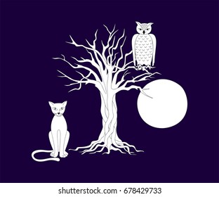 Dark print with hand drawn cartoon cat, own, moon and tree for home art, decorate wall, kids rooms, book, notebook, posters, banners. eps 10.