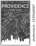 Dark printout city poster with panoramic skyline and streets network on dark gray background of the downtown PROVIDENCE, RHODE ISLAND