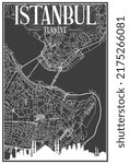 Dark printout city poster with panoramic skyline and hand-drawn streets network on dark gray background of the downtown ISTANBUL, TURKEY