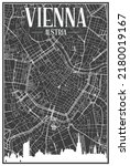 Dark printout city poster with panoramic skyline and hand-drawn streets network on dark gray background of the downtown VIENNA, AUSTRIA