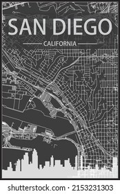Dark printout city poster with panoramic skyline and streets network on dark gray background of the downtown SAN DIEGO, CALIFORNIA