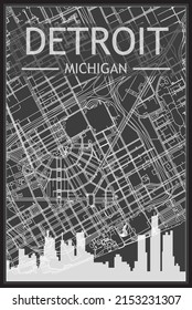 Dark printout city poster with panoramic skyline and streets network on dark gray background of the downtown DETROIT, MICHIGAN