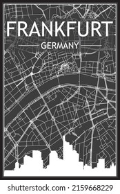 Dark printout city poster with panoramic skyline and streets network on dark gray background of the downtown FRANKFURT, GERMANY