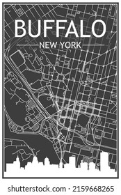 Dark printout city poster with panoramic skyline and streets network on dark gray background of the downtown BUFFALO, NEW YORK