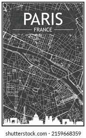 Dark printout city poster with panoramic skyline and streets network on dark gray background of the downtown PARIS, FRANCE