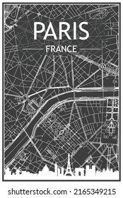 Dark printout city poster with panoramic skyline and hand-drawn streets network on dark gray background of the downtown PARIS, FRANCE