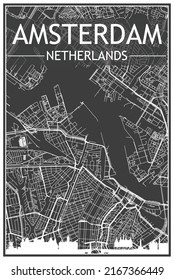 Dark printout city poster with panoramic skyline and hand-drawn streets network on dark gray background of the downtown AMSTERDAM, NETHERLANDS