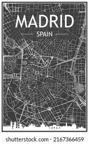 Dark printout city poster with panoramic skyline and hand-drawn streets network on dark gray background of the downtown MADRID, SPAIN