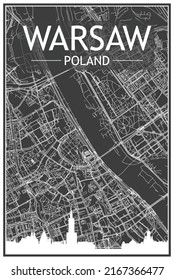 Dark printout city poster with panoramic skyline and hand-drawn streets network on dark gray background of the downtown WARSAW, POLAND