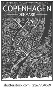 Dark printout city poster with panoramic skyline and hand-drawn streets network on dark gray background of the downtown COPENHAGEN, DENMARK