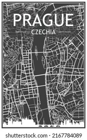 Dark printout city poster with panoramic skyline and hand-drawn streets network on dark gray background of the downtown PRAGUE, CZECHIA