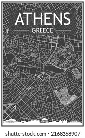 Dark printout city poster with panoramic skyline and hand-drawn streets network on dark gray background of the downtown ATHENS, GREECE