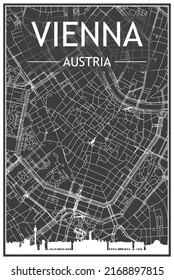 Dark printout city poster with panoramic skyline and hand-drawn streets network on dark gray background of the downtown VIENNA, AUSTRIA