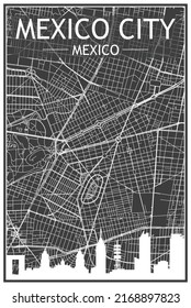 Dark printout city poster with panoramic skyline and hand-drawn streets network on dark gray background of the downtown MEXICO CITY, MEXICO