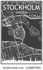 Dark printout city poster with panoramic skyline and hand-drawn streets network on dark gray background of the downtown STOCKHOLM, SWEDEN