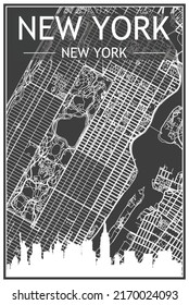 Dark printout city poster with panoramic skyline and hand-drawn streets network on dark gray background of the downtown NEW YORK, NEW YORK