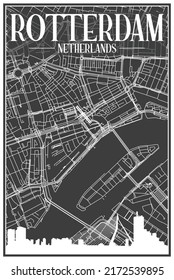 Dark printout city poster with panoramic skyline and hand-drawn streets network on dark gray background of the downtown ROTTERDAM, NETHERLANDS