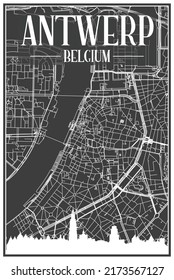 Dark printout city poster with panoramic skyline and hand-drawn streets network on dark gray background of the downtown ANTWERP, BELGIUM