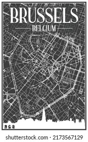 Dark printout city poster with panoramic skyline and hand-drawn streets network on dark gray background of the downtown BRUSSELS, BELGIUM