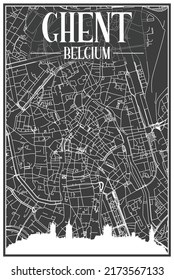 Dark printout city poster with panoramic skyline and hand-drawn streets network on dark gray background of the downtown GHENT, BELGIUM