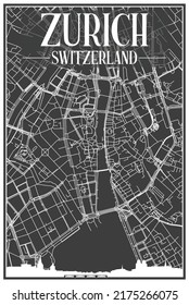 Afiche de la ciudad de impresión oscura con horizonte panorámico y red de calles dibujadas a mano en un fondo gris oscuro del centro de ZURICH, SUIZA