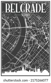 Dark printout city poster with panoramic skyline and hand-drawn streets network on dark gray background of the downtown BELGRADE, SERBIA