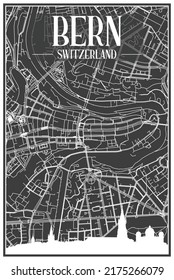 Dark printout city poster with panoramic skyline and hand-drawn streets network on dark gray background of the downtown BERN, SWITZERLAND