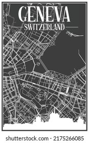 Dark printout city poster with panoramic skyline and hand-drawn streets network on dark gray background of the downtown GENEVA, SWITZERLAND