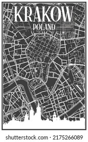 Dark printout city poster with panoramic skyline and hand-drawn streets network on dark gray background of the downtown KRAKOW, POLAND