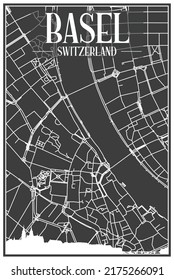 Dark printout city poster with panoramic skyline and hand-drawn streets network on dark gray background of the downtown BASEL, SWITZERLAND