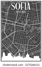 Dark printout city poster with panoramic skyline and hand-drawn streets network on dark gray background of the downtown SOFIA, BULGARIA