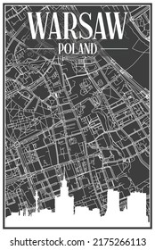 Dark printout city poster with panoramic skyline and hand-drawn streets network on dark gray background of the downtown WARSAW, POLAND