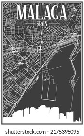 Dark printout city poster with panoramic skyline and hand-drawn streets network on dark gray background of the downtown MALAGA, SPAIN