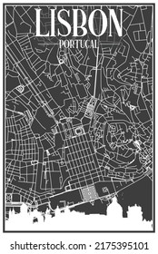 Dark printout city poster with panoramic skyline and hand-drawn streets network on dark gray background of the downtown LISBON, PORTUGAL