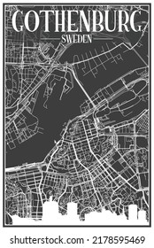 Dark printout city poster with panoramic skyline and hand-drawn streets network on dark gray background of the downtown GOTEBORG (GOTHENBURG), SWEDEN