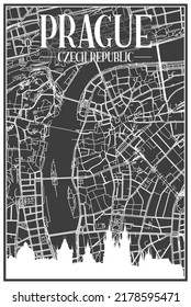 Dark printout city poster with panoramic skyline and hand-drawn streets network on dark gray background of the downtown PRAGUE, CZECHIA