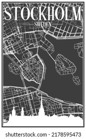 Dark printout city poster with panoramic skyline and hand-drawn streets network on dark gray background of the downtown STOCKHOLM, SWEDEN