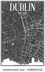 Dark printout city poster with panoramic skyline and hand-drawn streets network on dark gray background of the downtown DUBLIN, IRELAND