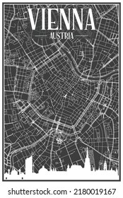 Dark printout city poster with panoramic skyline and hand-drawn streets network on dark gray background of the downtown VIENNA, AUSTRIA