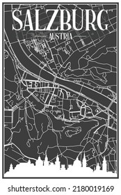 Dark printout city poster with panoramic skyline and hand-drawn streets network on dark gray background of the downtown SALZBURG, AUSTRIA