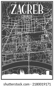 Dark printout city poster with panoramic skyline and hand-drawn streets network on dark gray background of the downtown ZAGREB. CROATIA