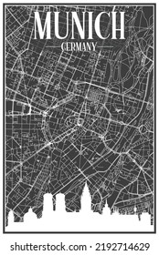 Dark printout city poster with panoramic skyline and hand-drawn streets network on dark gray background of the downtown MUNICH, GERMANY