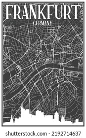DunkeldruckStadtplakster mit Panoramablick auf die Skyline und handgezeichnete Straßen auf dunkgrauem Hintergrund der Innenstadt FRANKFURT, DEUTSCHLAND