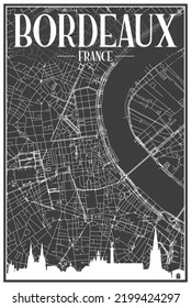 Dark printout city poster with panoramic skyline and hand-drawn streets network on dark gray background of the downtown BORDEAUX, FRANCE