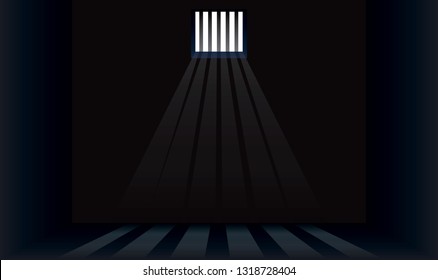 Dark prison cell with bars on the window. The sun's rays make their way through the window