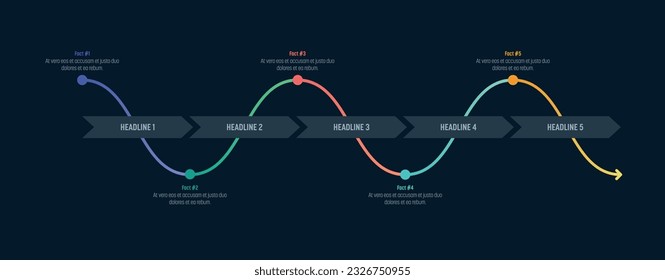 Dark process Infographics with crossing lines. Five steps and colorful elements. Thin line vector icons. Data graphs for flow charts, presentations and UI