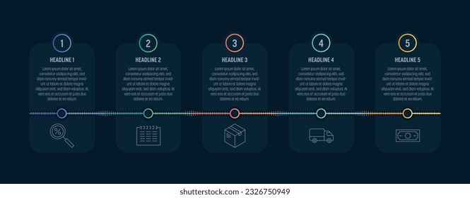 Dark process Infographics with five steps timeline and colorful elements. Thin line vector icons. Data graphs for flow charts, presentations and UI